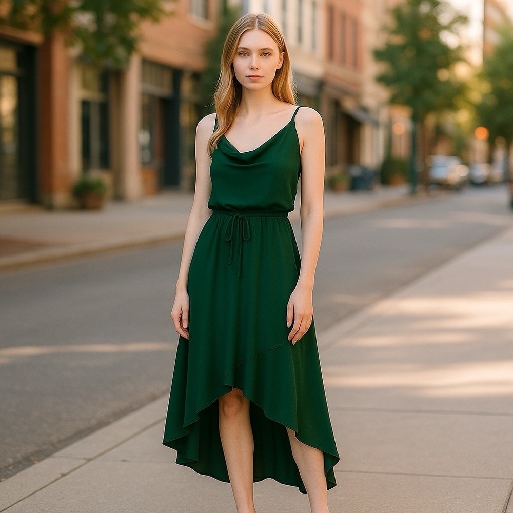 Here Comes The Sun Dress Medium Cowl Neck Asymmetrical Satin Maxi Fairly